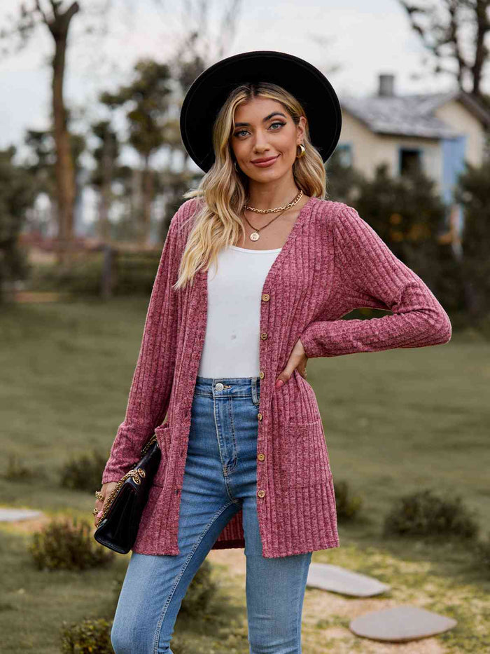 Ribbed Button-Up Cardigan with Pockets - Madikfashions.com