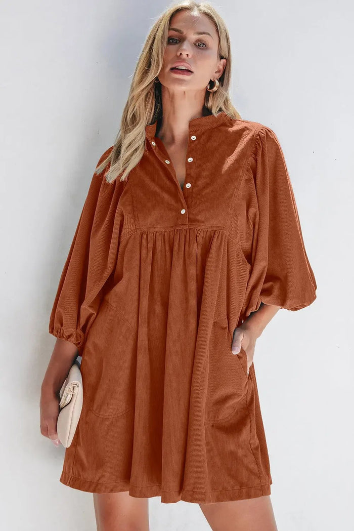 Shop Ribbed Snap Buttons Empire Waist Bracelet Sleeve Dress at eAura
