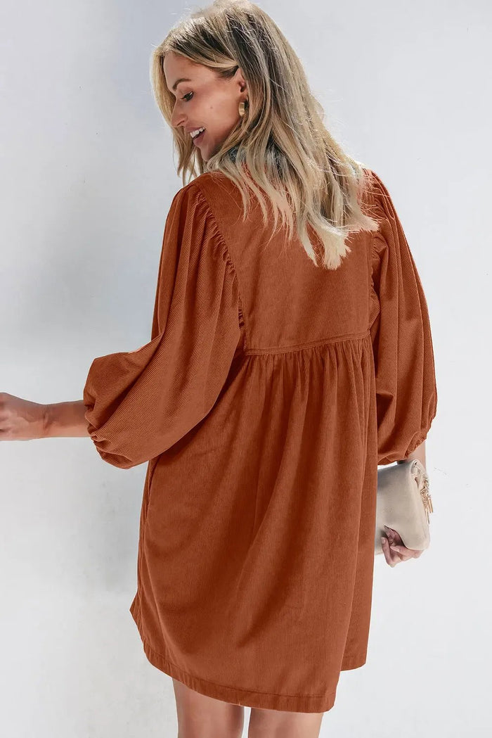 Shop Ribbed Snap Buttons Empire Waist Bracelet Sleeve Dress at eAura