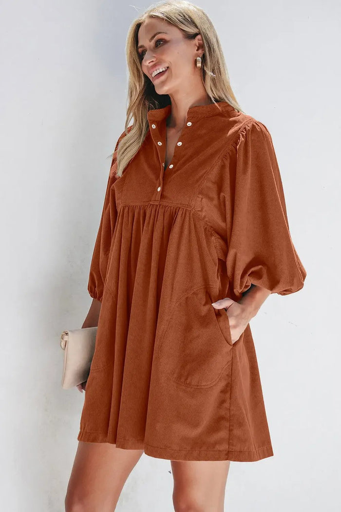 Shop Ribbed Snap Buttons Empire Waist Bracelet Sleeve Dress at eAura