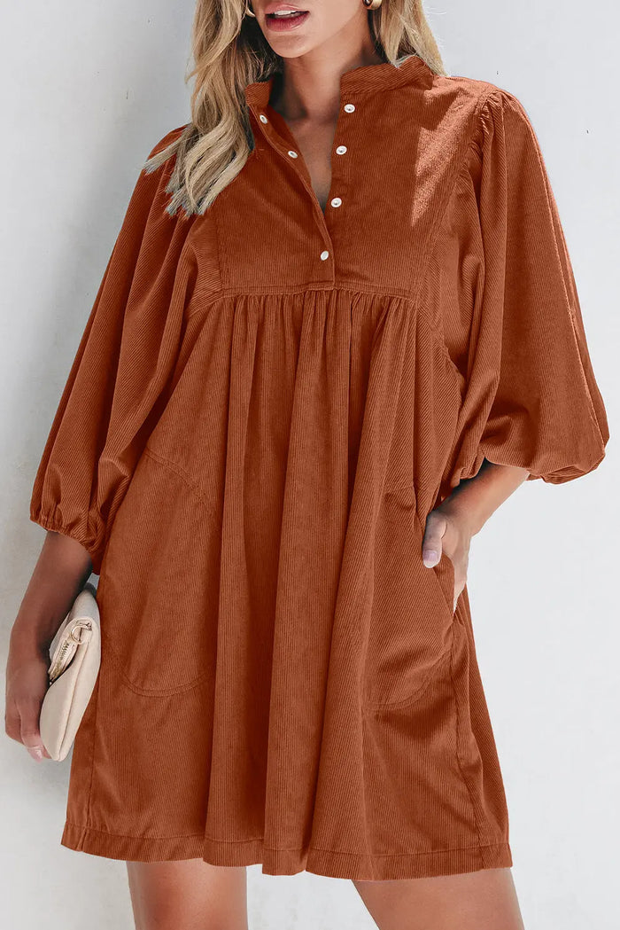 Shop Ribbed Snap Buttons Empire Waist Bracelet Sleeve Dress at eAura