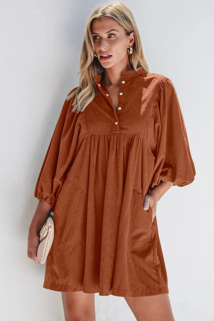 Shop Ribbed Snap Buttons Empire Waist Bracelet Sleeve Dress at eAura