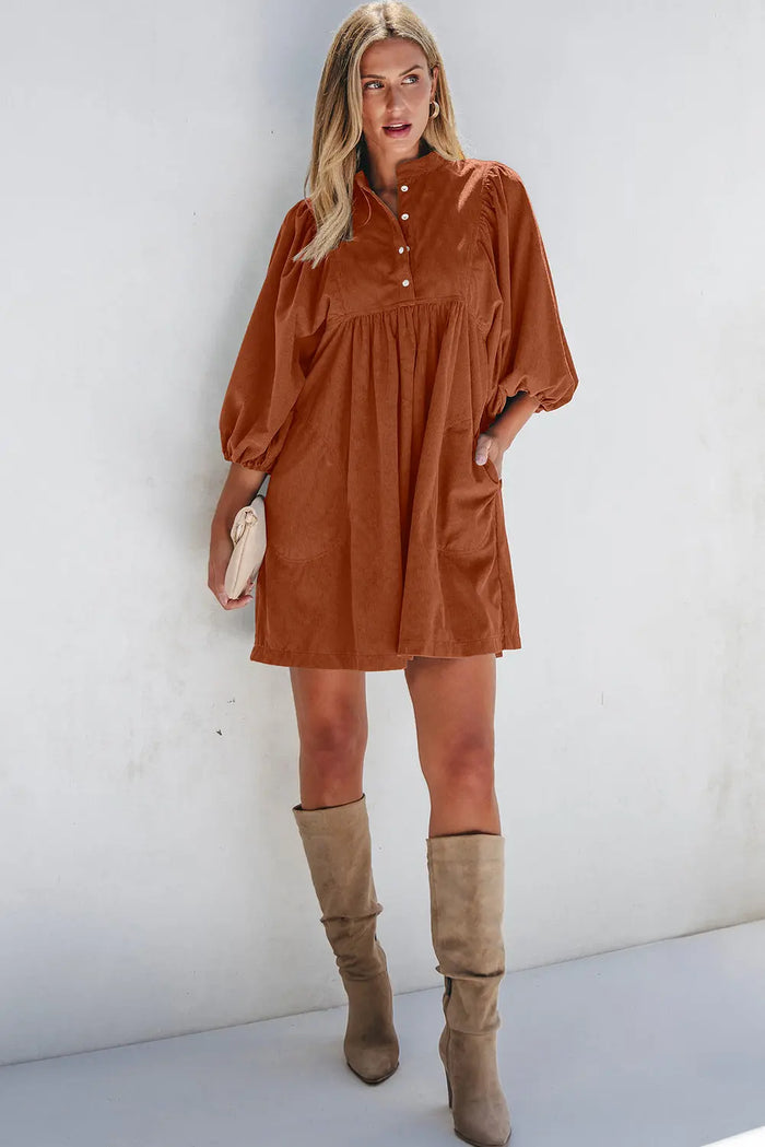 Shop Ribbed Snap Buttons Empire Waist Bracelet Sleeve Dress at eAura