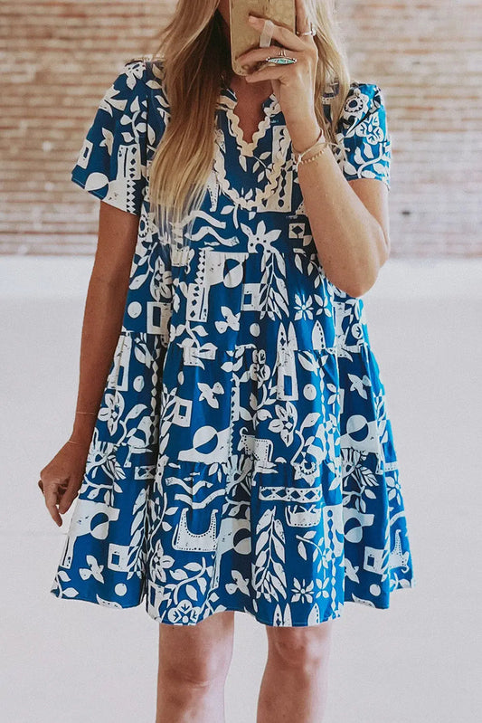 Blue Ricrac Trim Split Neck Floral Loose Dress - BLUE / S / 100% POLYESTER - Dresses/Floral Dresses