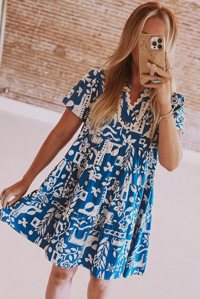 Blue Ricrac Trim Split Neck Floral Loose Dress - Dresses/Floral Dresses