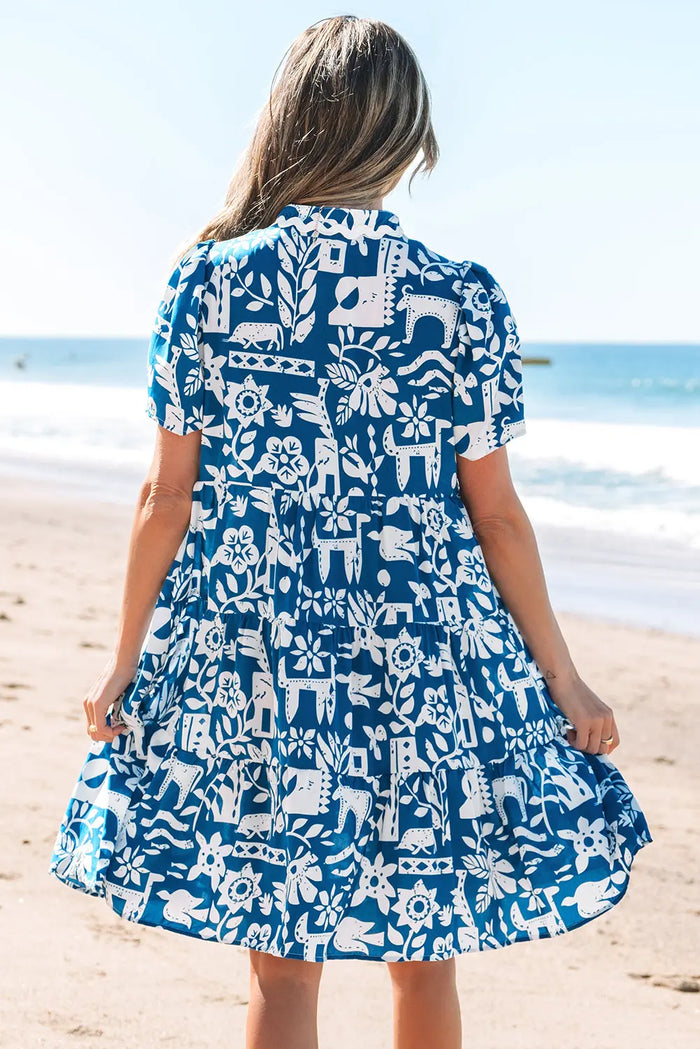 Blue Ricrac Trim Split Neck Floral Loose Dress - Dresses/Floral Dresses
