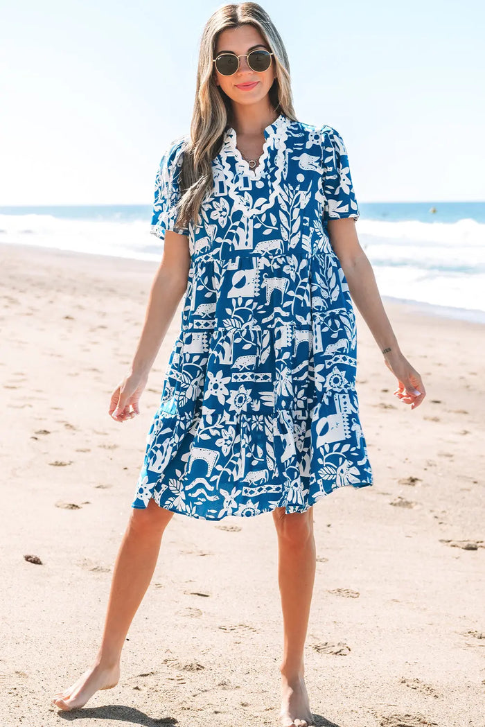 Blue Ricrac Trim Split Neck Floral Loose Dress - Dresses/Floral Dresses