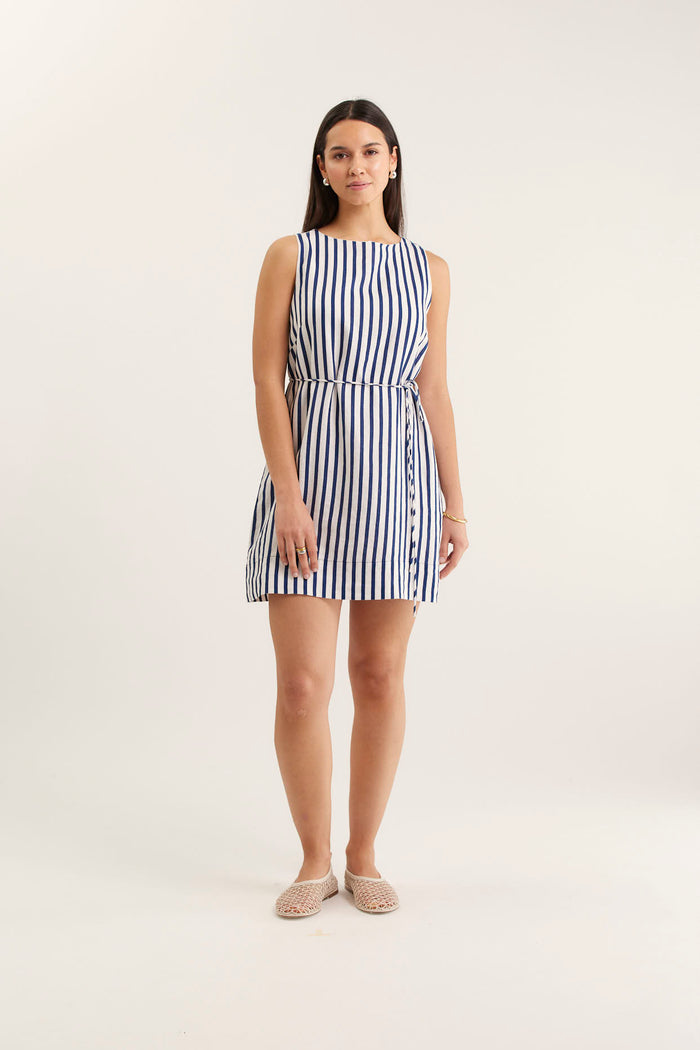Rommy Breton Linen Dress In Navy/White