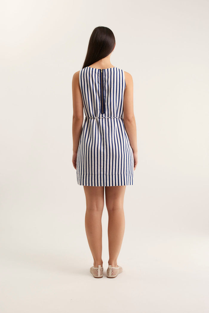 Rommy Breton Linen Dress In Navy/White