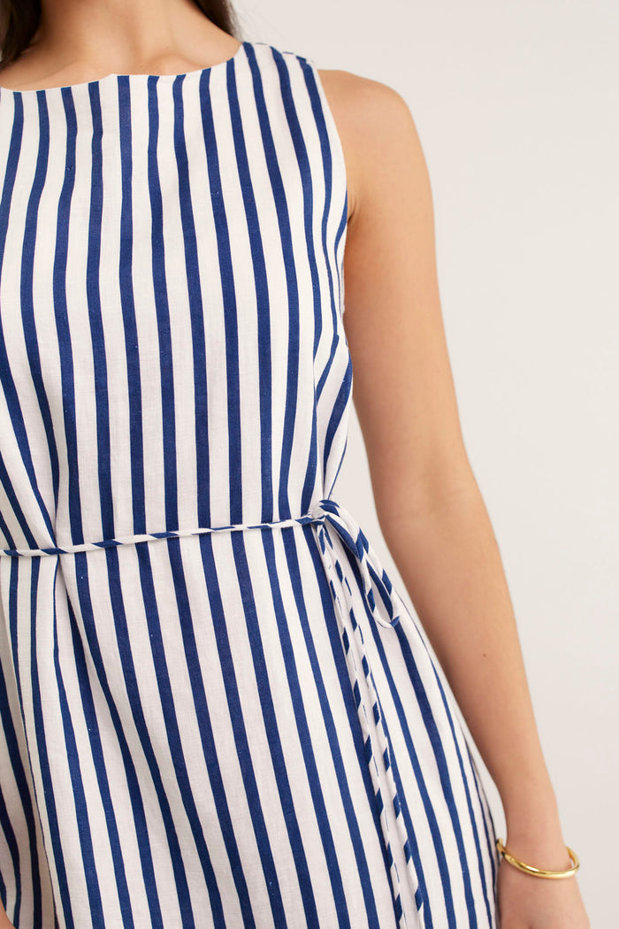 Rommy Breton Linen Dress In Navy/White