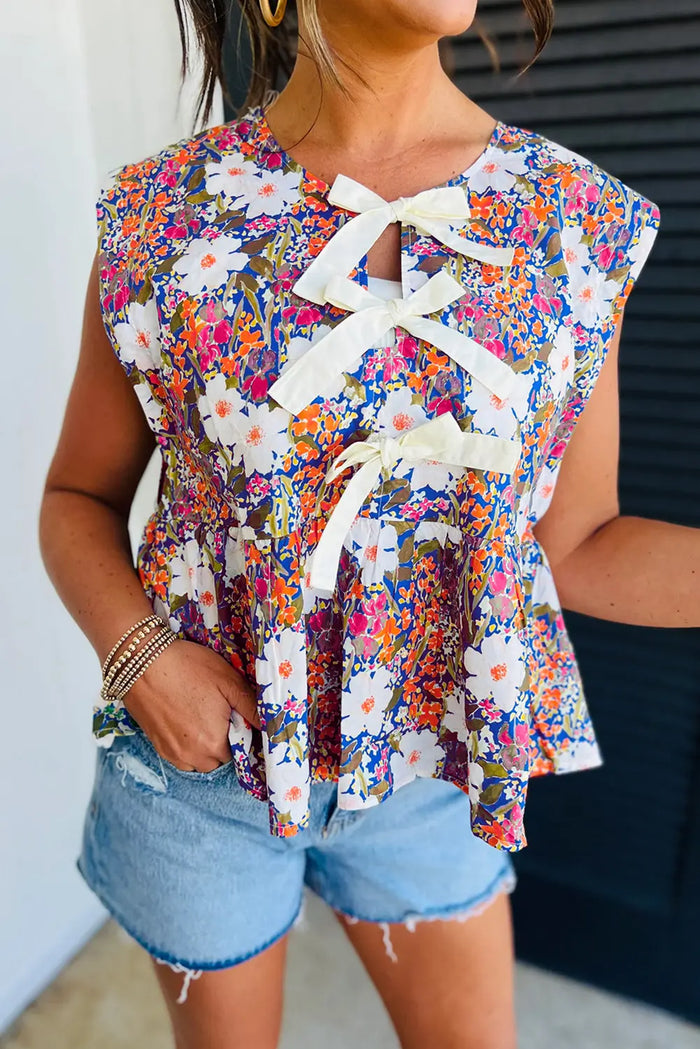 Rose Green Floral Print Bow Applique Slit Sleeveless Peplum Blouse - S / 100% Polyester - Tops/Blouses & Shirts