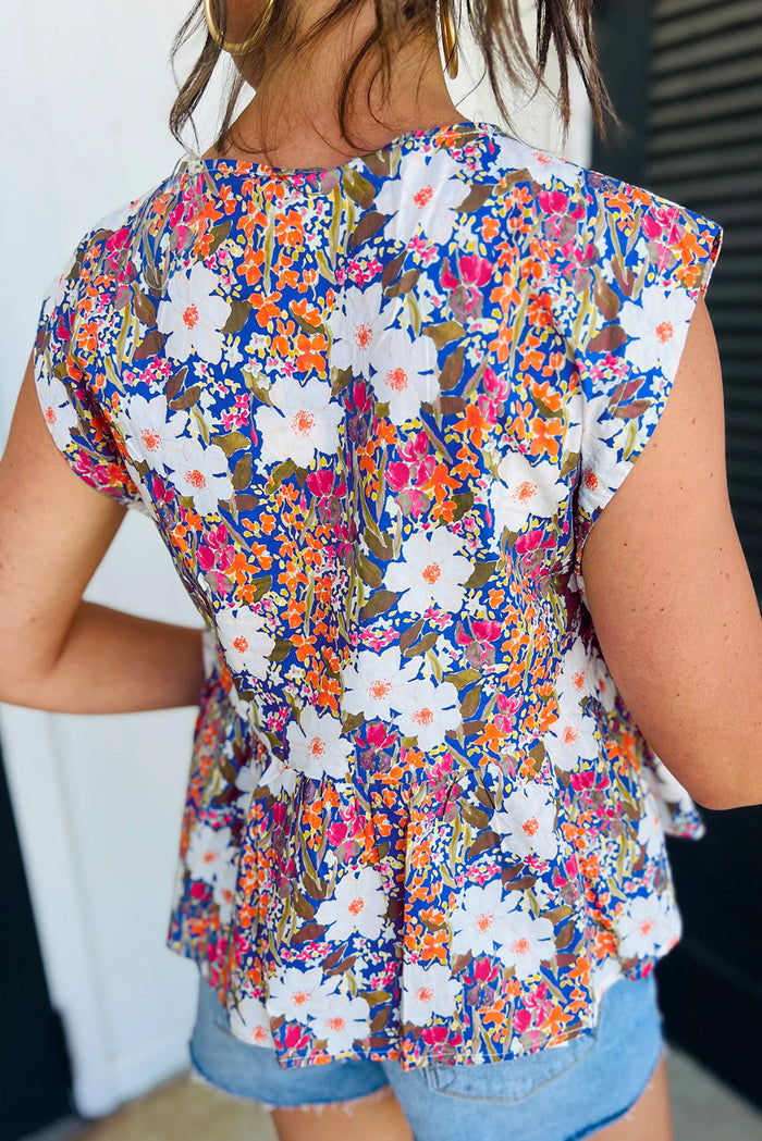 Rose Green Floral Print Bow Applique Slit Sleeveless Peplum Blouse - Tops/Blouses & Shirts