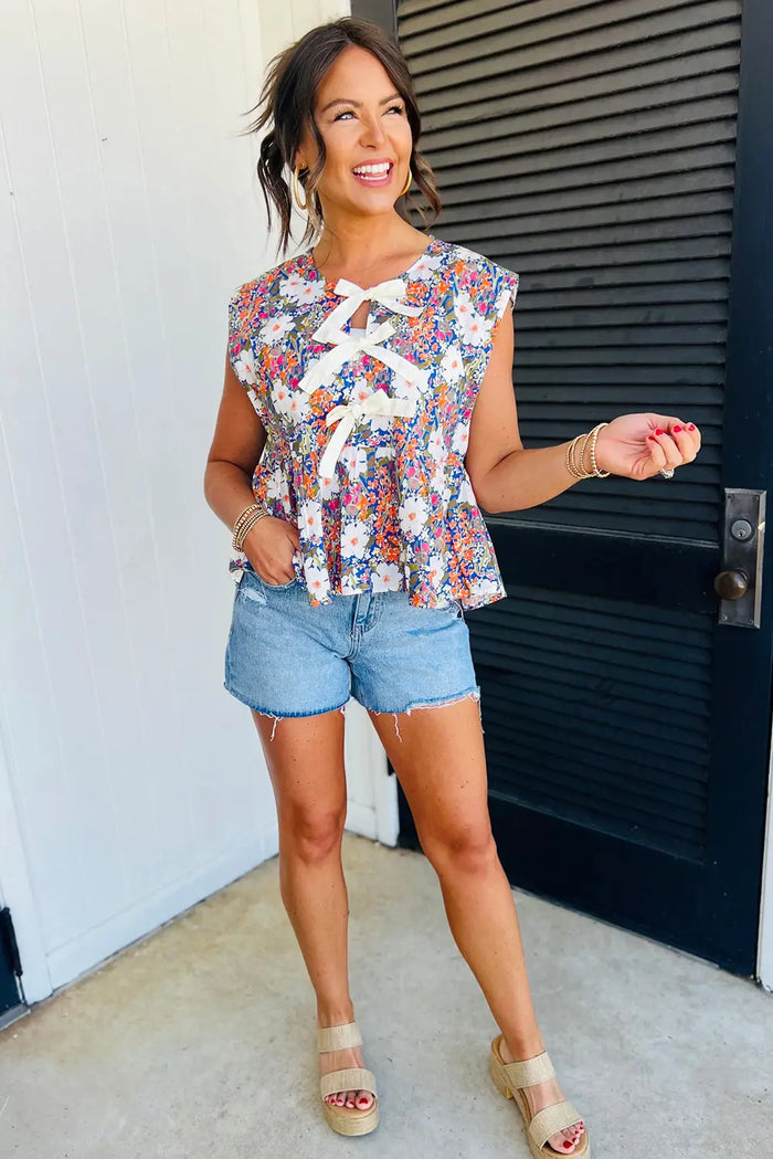 Rose Green Floral Print Bow Applique Slit Sleeveless Peplum Blouse - Tops/Blouses & Shirts