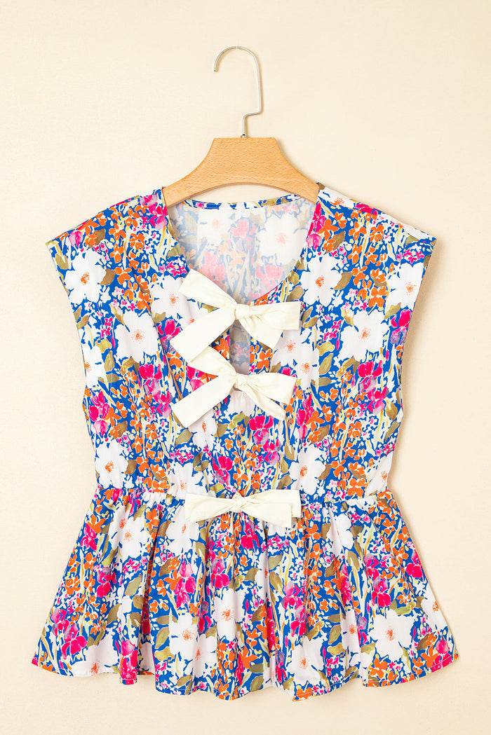 Rose Green Floral Print Bow Applique Slit Sleeveless Peplum Blouse - Tops/Blouses & Shirts