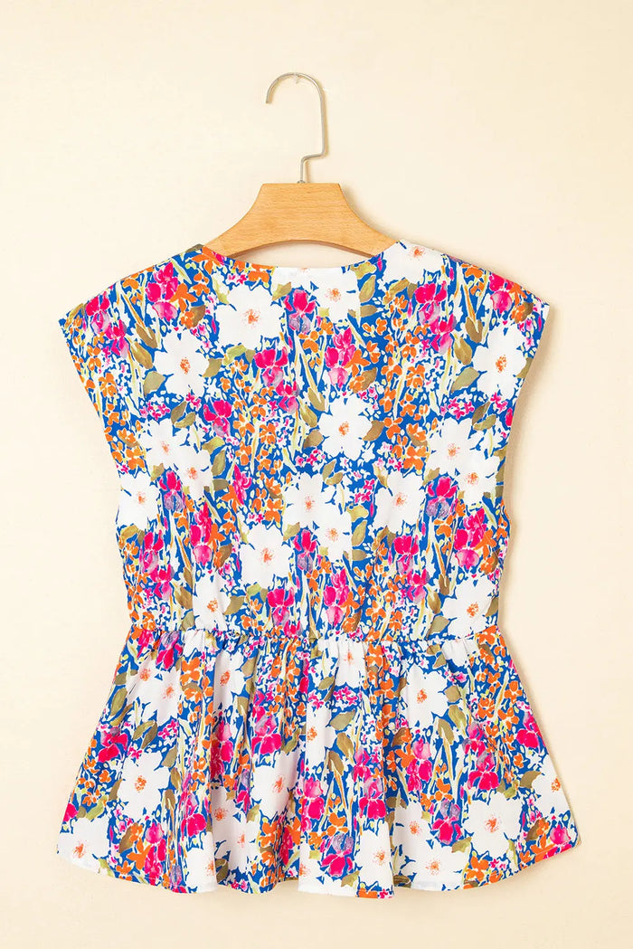 Rose Green Floral Print Bow Applique Slit Sleeveless Peplum Blouse - Tops/Blouses & Shirts