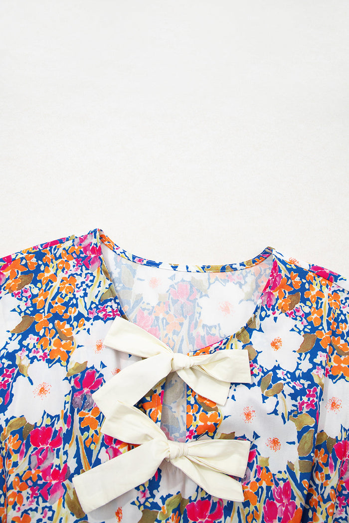 Rose Green Floral Print Bow Applique Slit Sleeveless Peplum Blouse - Tops/Blouses & Shirts