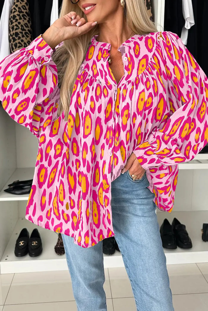 Rose Red Oversized Leopard Print Balloon Sleeve Casual Shirt - S / 100% Polyester - Tops/Blouses & Shirts