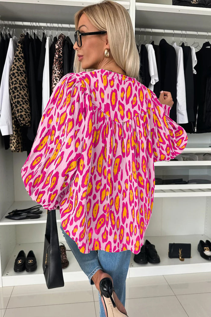 Rose Red Oversized Leopard Print Balloon Sleeve Casual Shirt - Tops/Blouses & Shirts