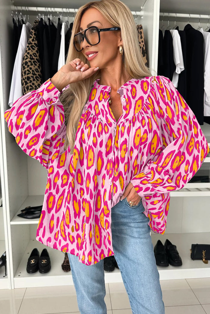 Rose Red Oversized Leopard Print Balloon Sleeve Casual Shirt - Tops/Blouses & Shirts