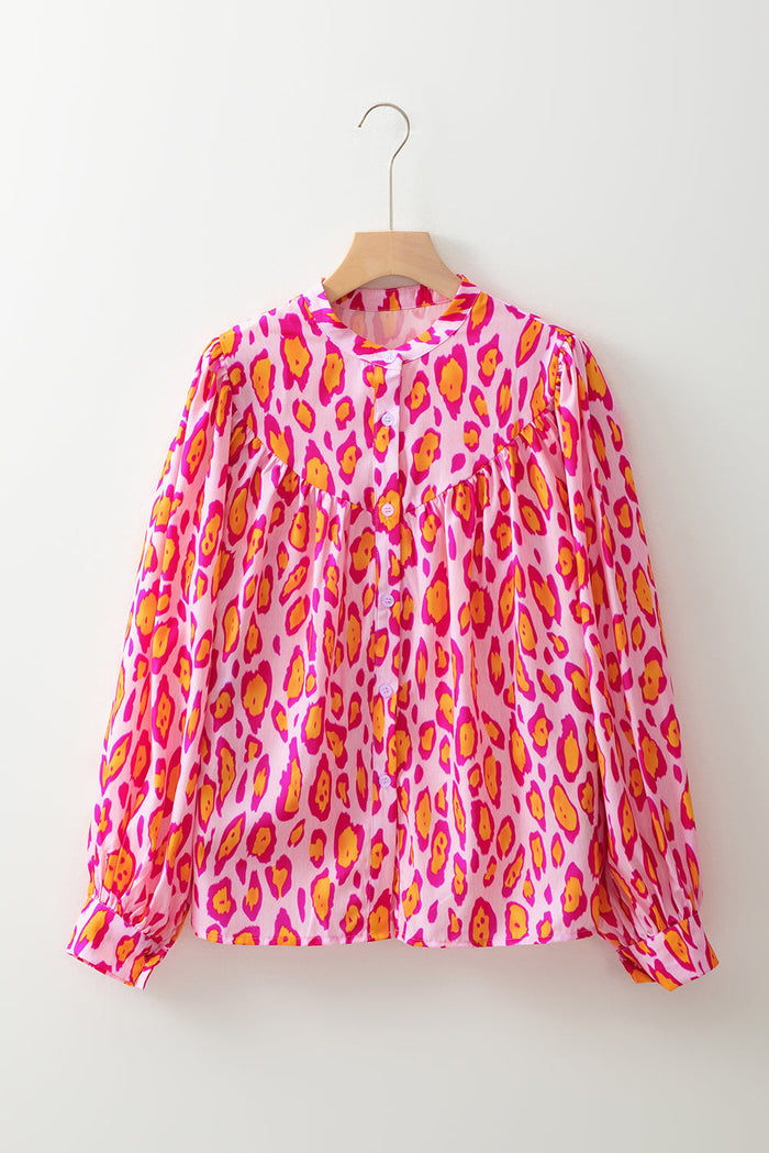 Rose Red Oversized Leopard Print Balloon Sleeve Casual Shirt - Tops/Blouses & Shirts