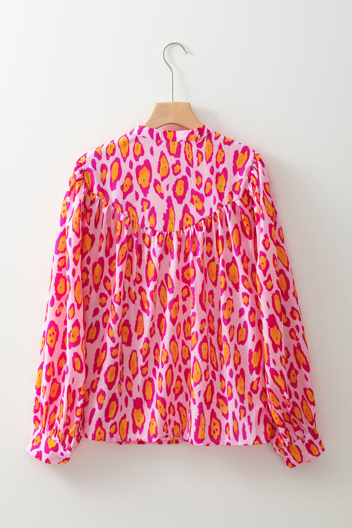 Rose Red Oversized Leopard Print Balloon Sleeve Casual Shirt - Tops/Blouses & Shirts
