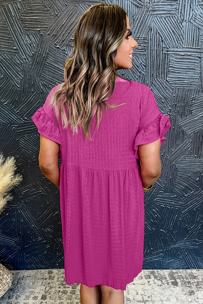 Rose Red Textured Ruffled Short Sleeve Mini Dress - Dresses/Mini Dresses
