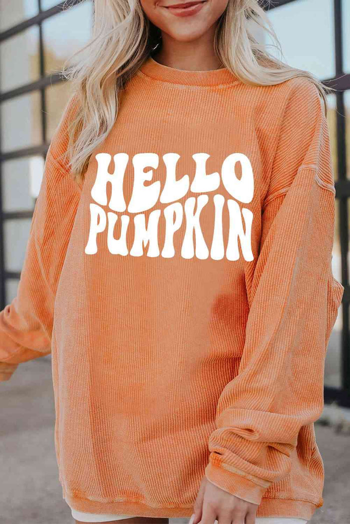 Round Neck Dropped Shoulder HELLO PUMPKIN Graphic Sweatshirt - Madikfashions.com