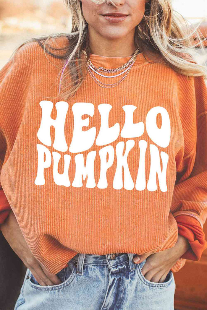 Round Neck Dropped Shoulder HELLO PUMPKIN Graphic Sweatshirt - Madikfashions.com