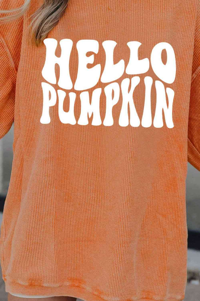 Round Neck Dropped Shoulder HELLO PUMPKIN Graphic Sweatshirt - Madikfashions.com