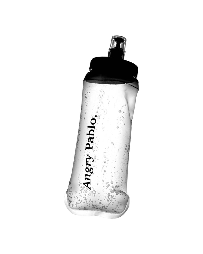 Clear water bottle with black cap and 'Angry Pablo' branding on a white background