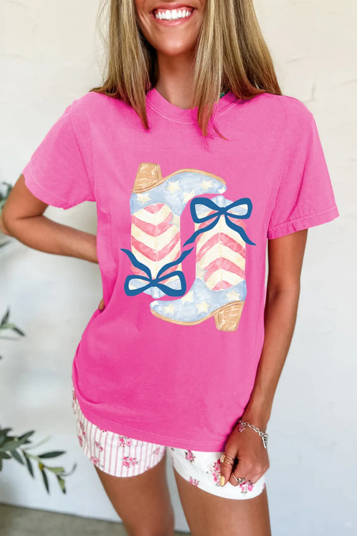 Sachet Pink Flag Pattern Boots Bow Accent Casual Graphic Tee - S / 62% Polyester + 32% Cotton + 6% Elastane