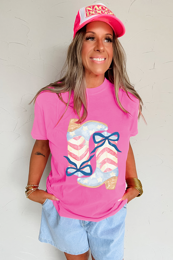 Sachet Pink Flag Pattern Boots Bow Accent Casual Graphic Tee - Graphic/Graphic Tees