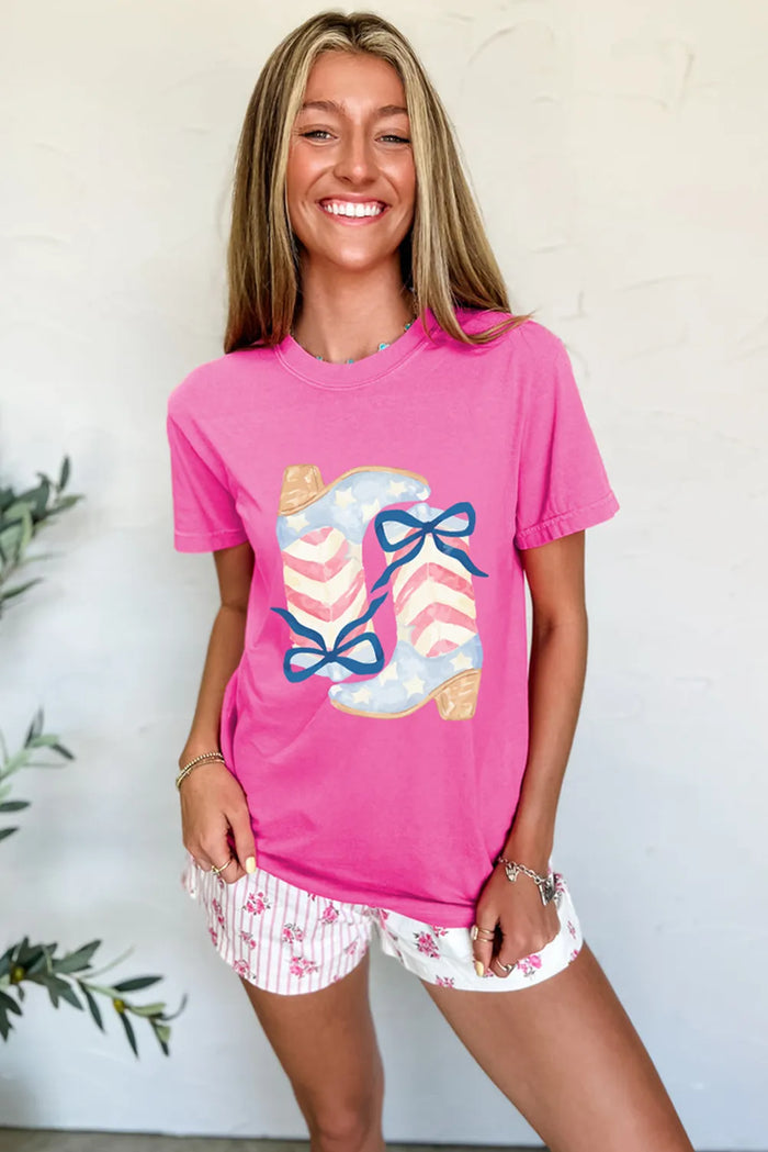 Sachet Pink Flag Pattern Boots Bow Accent Casual Graphic Tee - Graphic/Graphic Tees