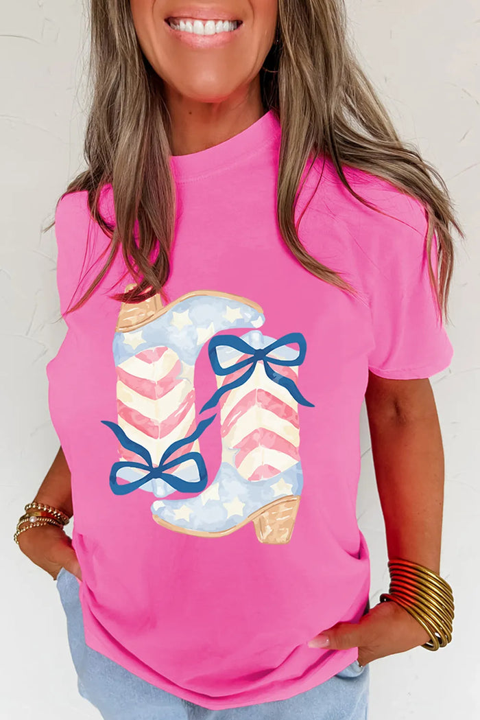 Sachet Pink Flag Pattern Boots Bow Accent Casual Graphic Tee - Graphic/Graphic Tees