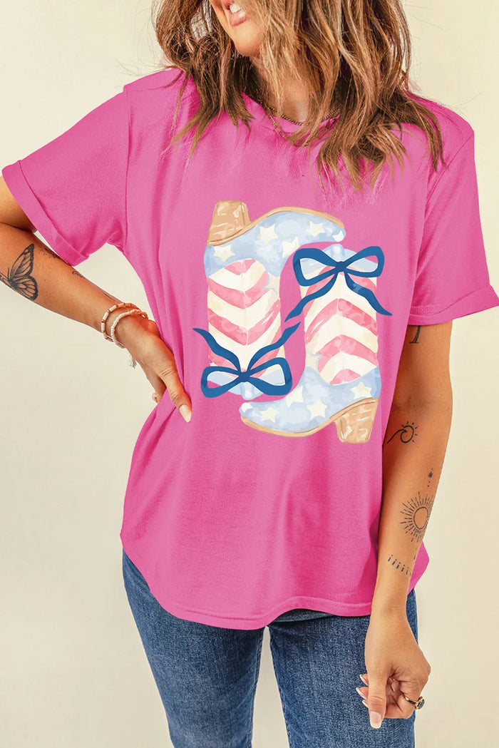 Sachet Pink Flag Pattern Boots Bow Accent Casual Graphic Tee - Graphic/Graphic Tees