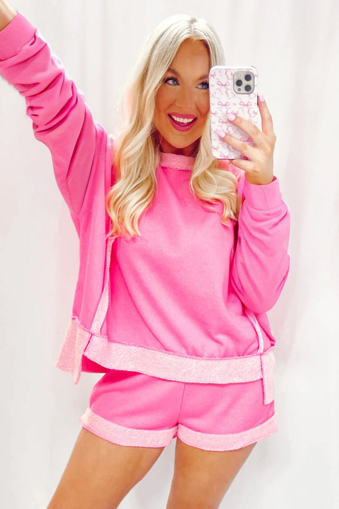 Sachet Pink High Low Patchwork Long Sleeve Top and Shorts Set - Two Piece Sets/Short Sets