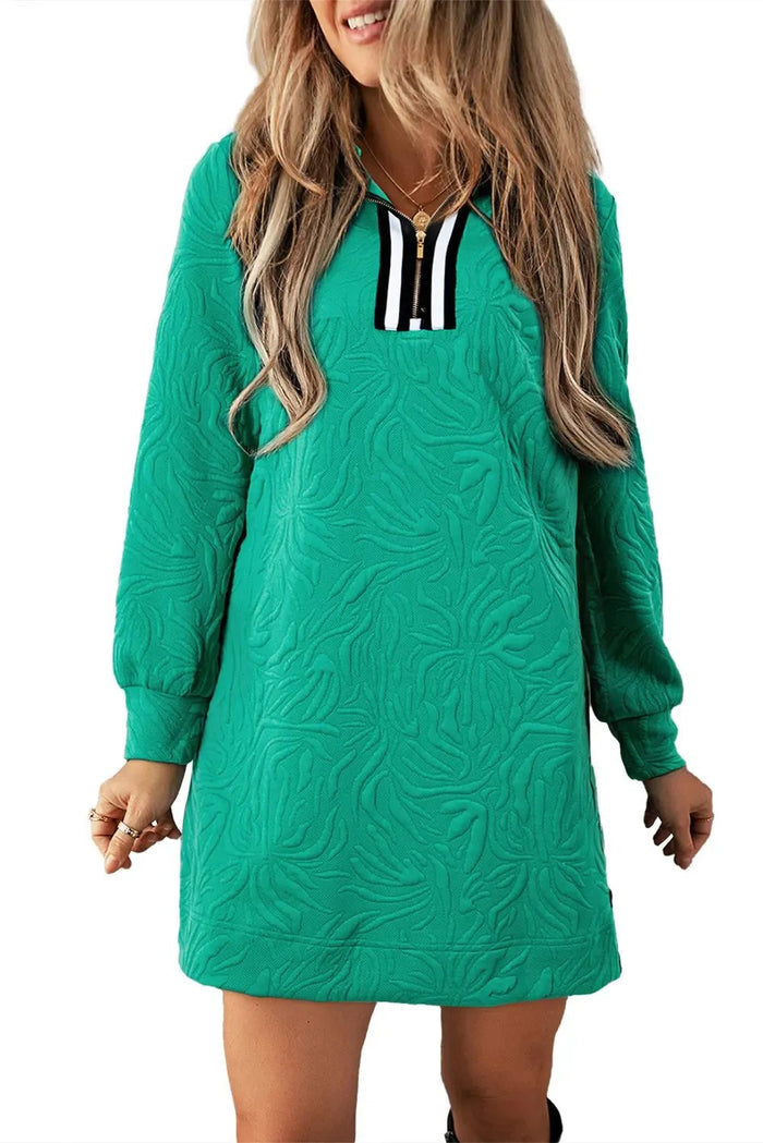 Sea Green Jacquard Textured Quarter Zipper Shift Mini Dress - Dresses/Mini Dresses