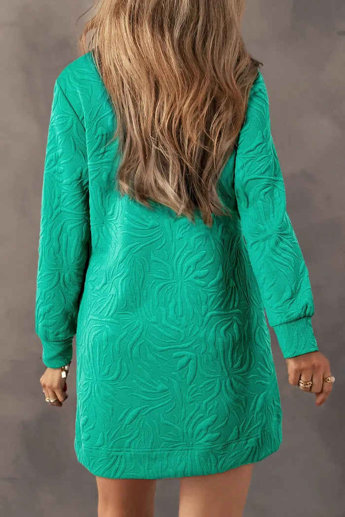 Sea Green Jacquard Textured Quarter Zipper Shift Mini Dress - Dresses/Mini Dresses