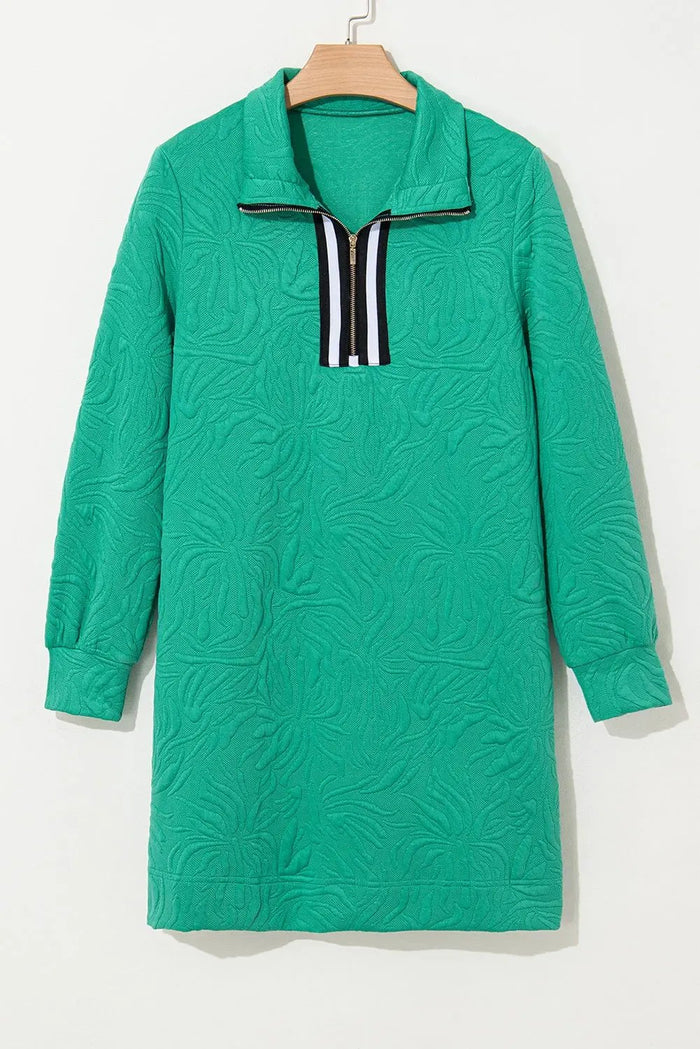 Sea Green Jacquard Textured Quarter Zipper Shift Mini Dress - Dresses/Mini Dresses