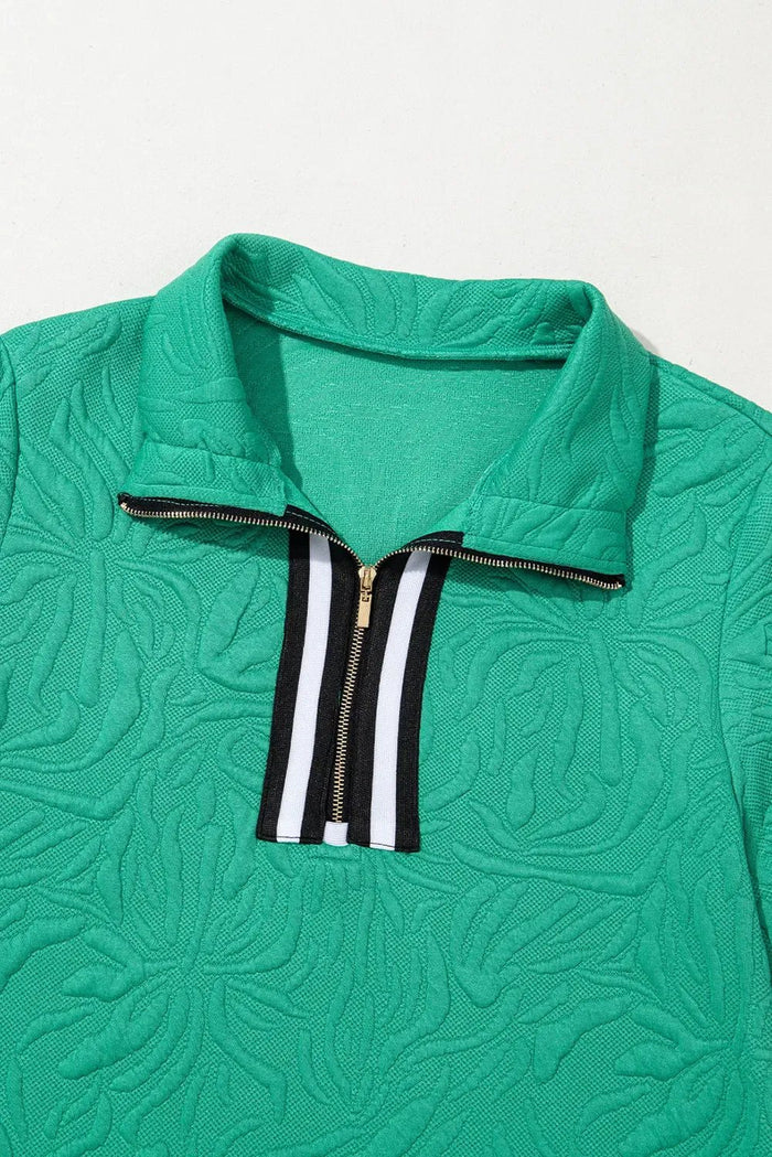 Sea Green Jacquard Textured Quarter Zipper Shift Mini Dress - Dresses/Mini Dresses