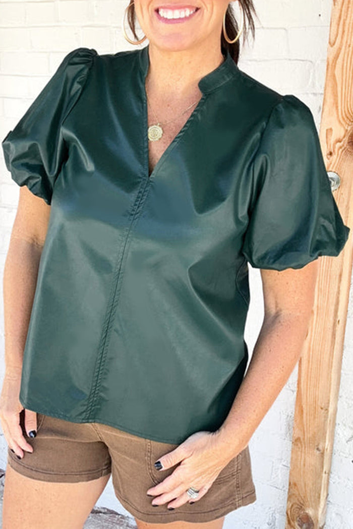 Sea Green Notched V Neck Short Puff Sleeve PU Leather Blouse - S / 100% PU - Tops/Blouses & Shirts
