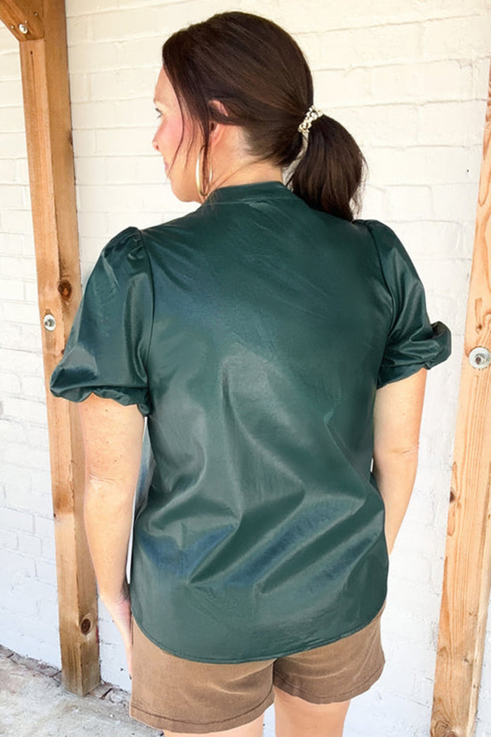Sea Green Notched V Neck Short Puff Sleeve PU Leather Blouse - Tops/Blouses & Shirts