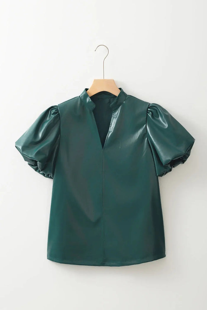 Sea Green Notched V Neck Short Puff Sleeve PU Leather Blouse - Tops/Blouses & Shirts
