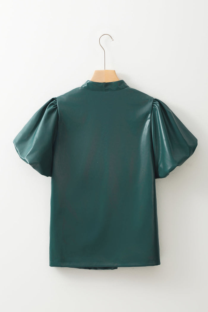 Sea Green Notched V Neck Short Puff Sleeve PU Leather Blouse - Tops/Blouses & Shirts