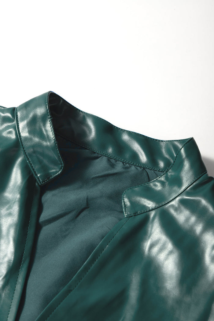 Sea Green Notched V Neck Short Puff Sleeve PU Leather Blouse - Tops/Blouses & Shirts