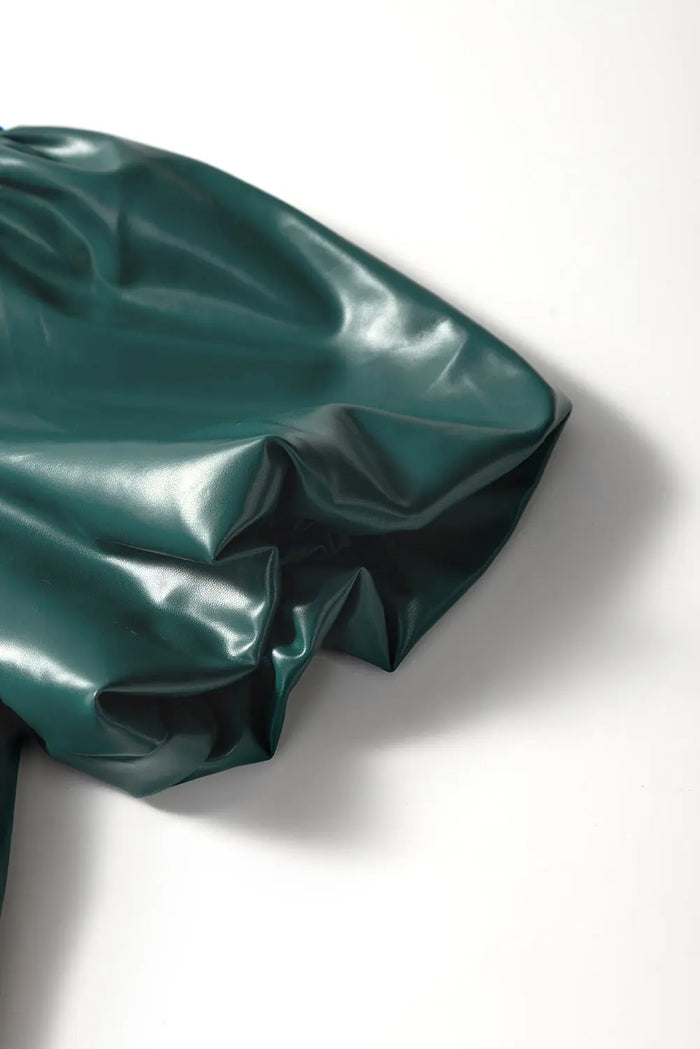 Sea Green Notched V Neck Short Puff Sleeve PU Leather Blouse - Tops/Blouses & Shirts