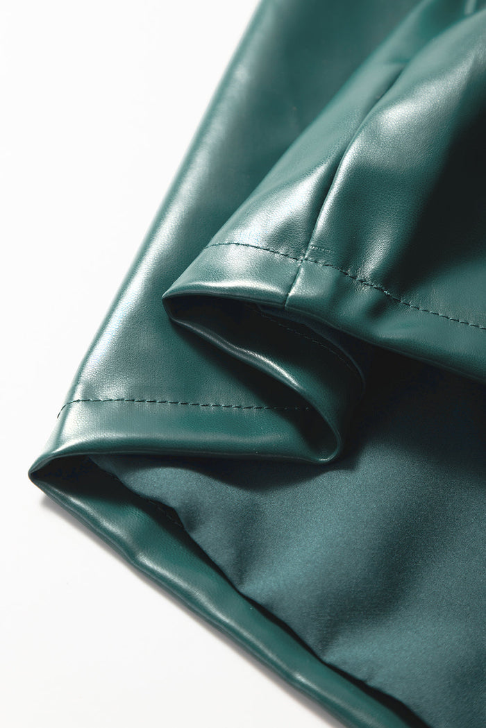 Sea Green Notched V Neck Short Puff Sleeve PU Leather Blouse - Tops/Blouses & Shirts