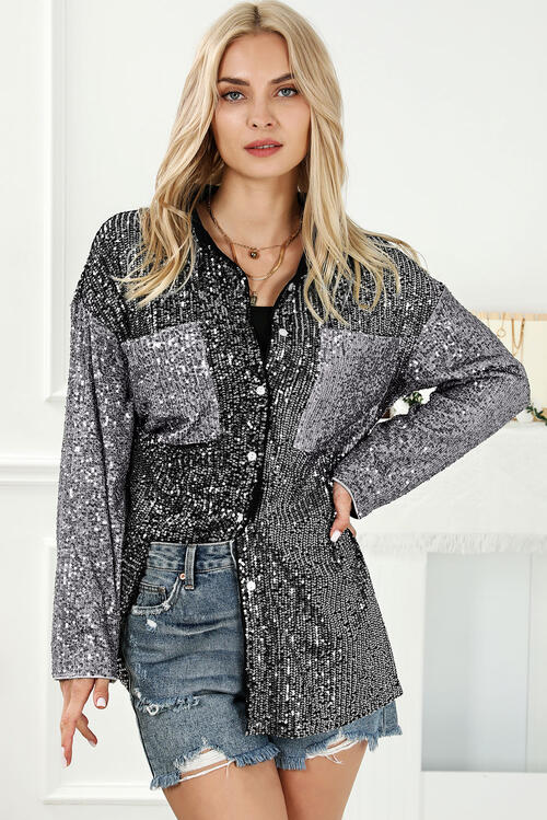 Sequin Button Up Collared Neck Shirt - Madikfashions.com