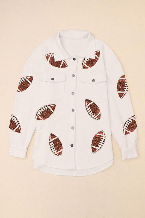 Sequin Football Patch Collared Neck Snap Button Jacket - Madikfashions.com