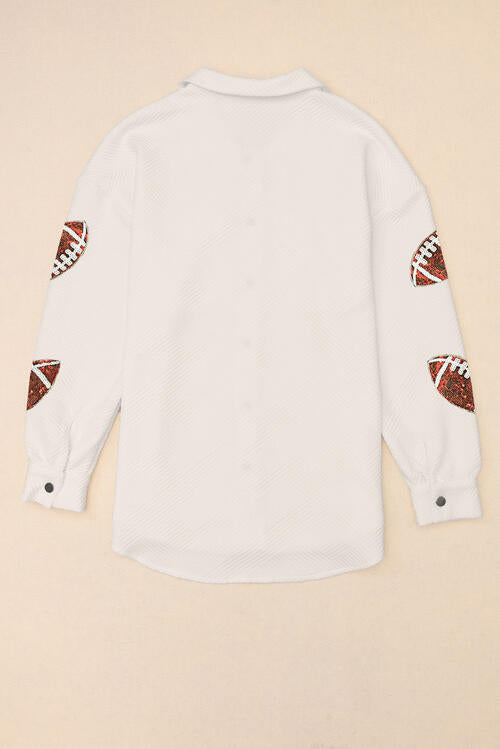 Sequin Football Patch Collared Neck Snap Button Jacket - Madikfashions.com